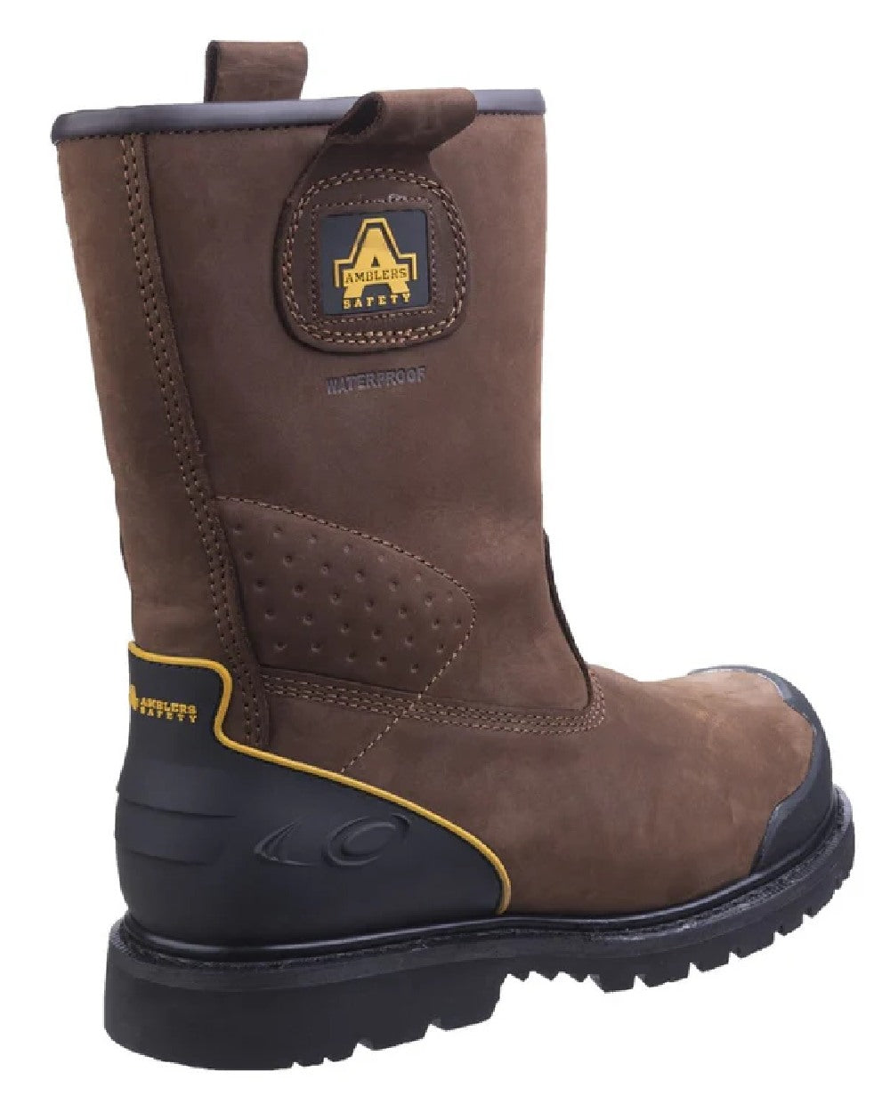 Brown coloured Amblers Safety Mens FS223 Goodyear Welted Waterproof Rigger Boots on white background 