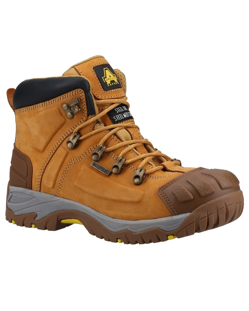 Honey Coloured Amblers Safety Mens FS33 Waterproof Safety Boots on a White backgroud 
