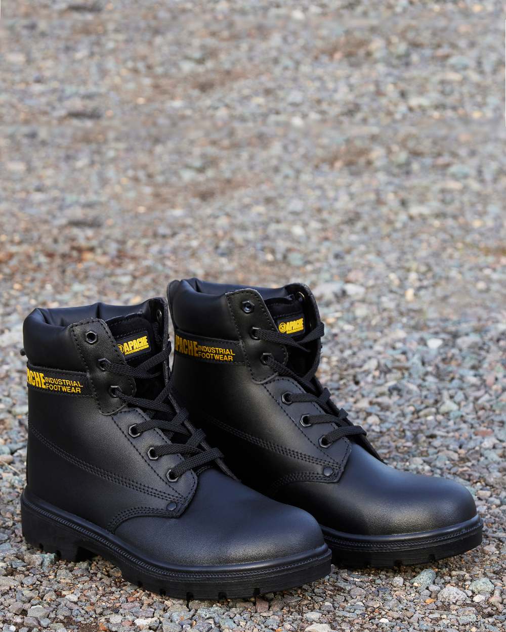 Black Coloured Apache Mens 6 Eye Safety Boots on outdoor background 