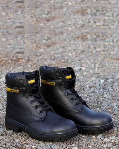 Black Coloured Apache Mens 6 Eye Safety Boots on outdoor background 
