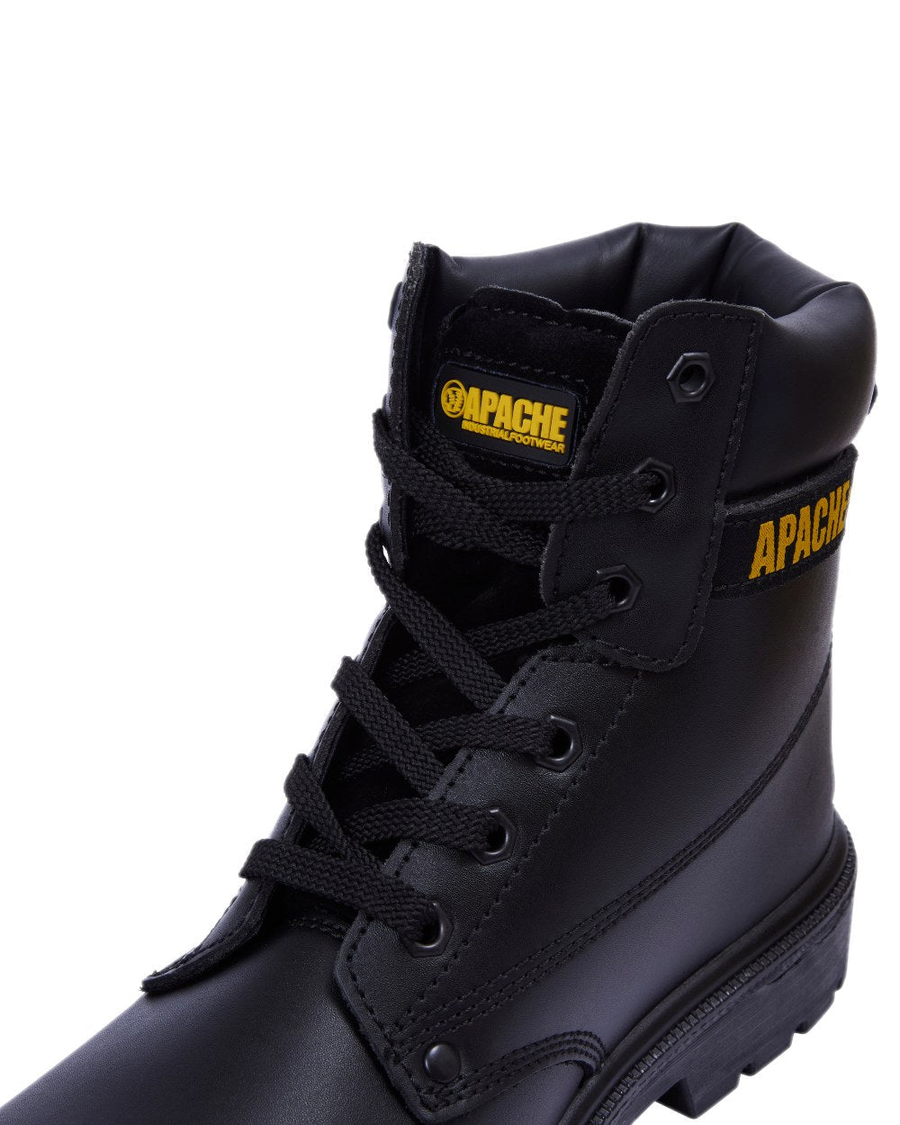 Black Coloured Apache Mens 6 Eye Safety Boots on white background 