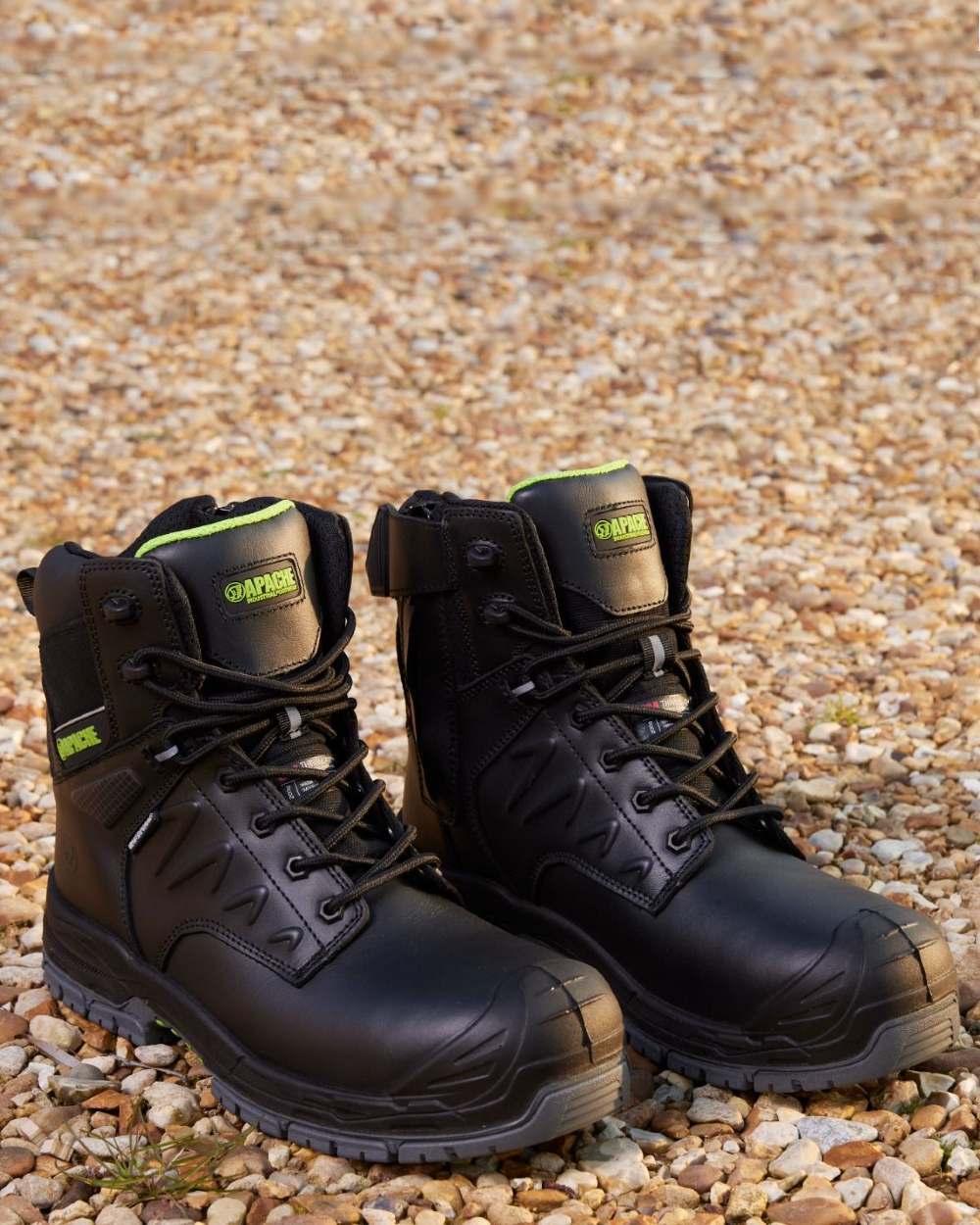 Black Coloured Apache Mens Chilliwack Side Zip Waterproof Safety Boots on outdoor background 