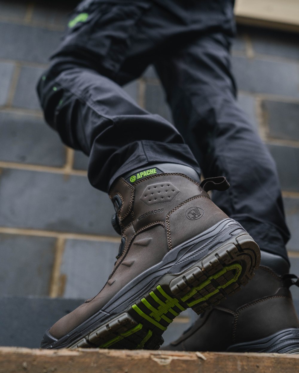 Brown Coloured Apache Mens Churchill Waterproof FITGO Safety Boots ESD on outdoor background 