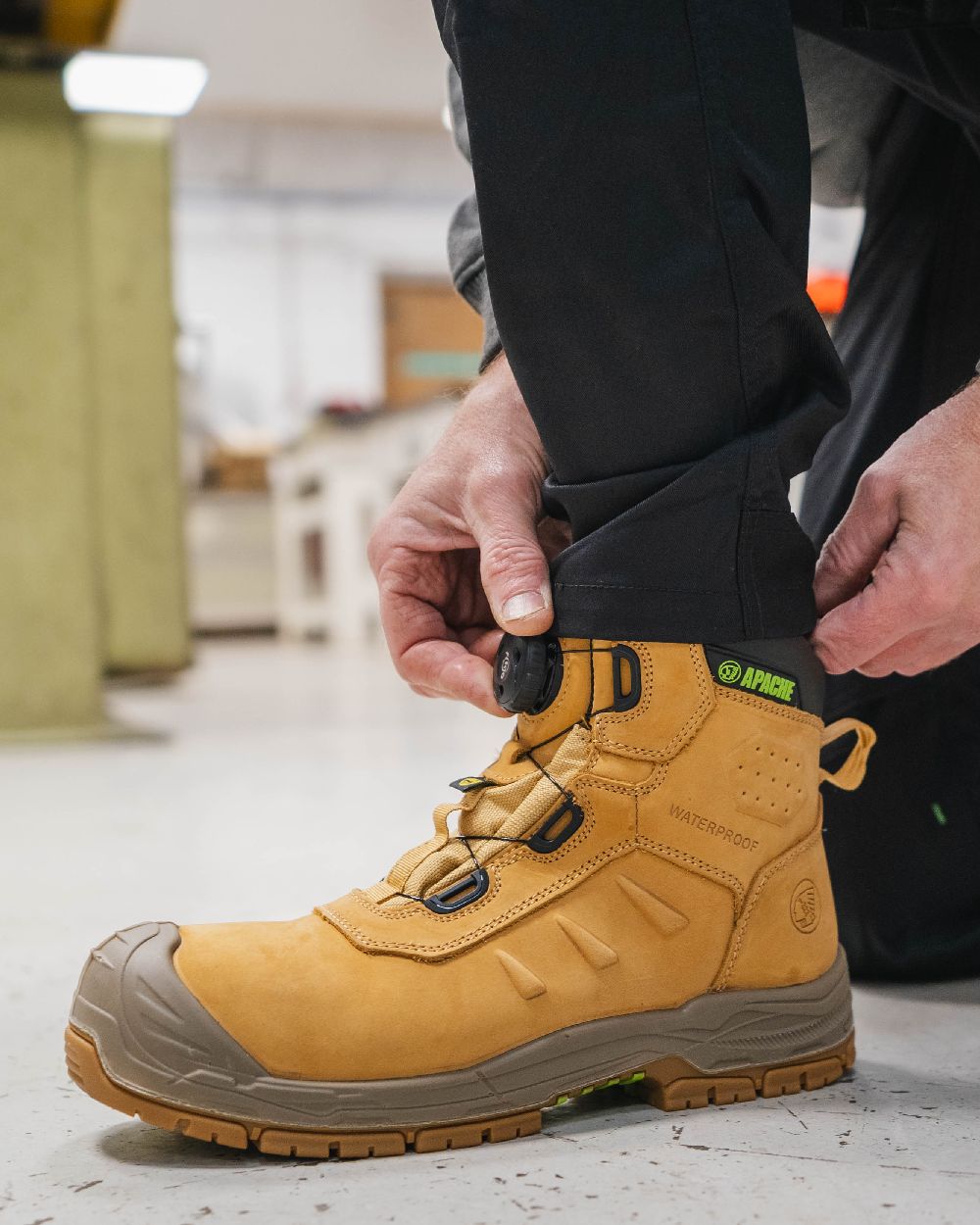 Wheat Coloured Apache Mens Churchill Waterproof FITGO Safety Boots on outdoor background 
