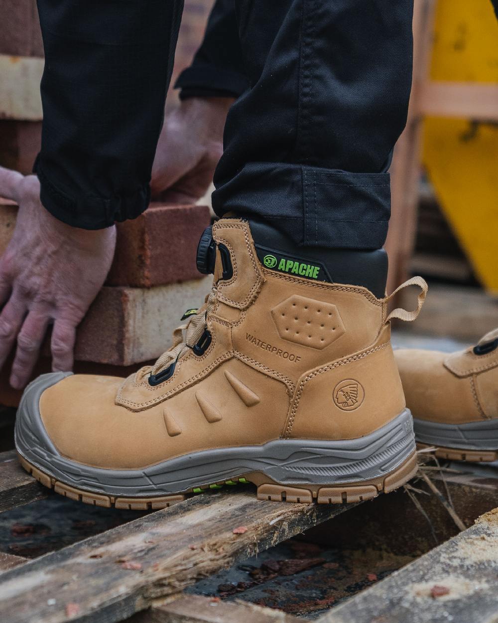 Wheat Coloured Apache Mens Churchill Waterproof FITGO Safety Boots on outdoor background 