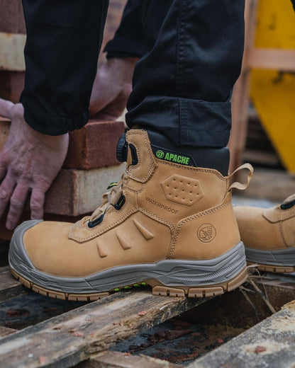 Wheat Coloured Apache Mens Churchill Waterproof FITGO Safety Boots on outdoor background 