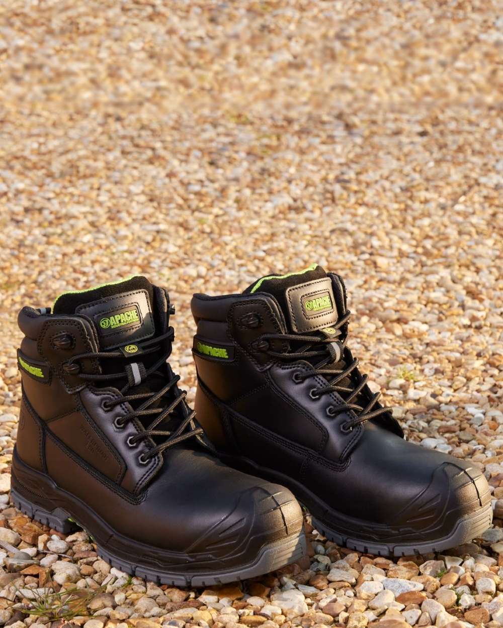 Black Coloured Apache Mens Cranbrook Waterproof ESD Safety Boots on outdoor background 