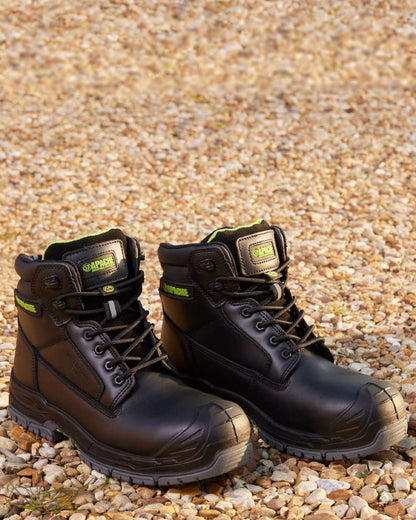 Black Coloured Apache Mens Cranbrook Waterproof ESD Safety Boots on outdoor background 