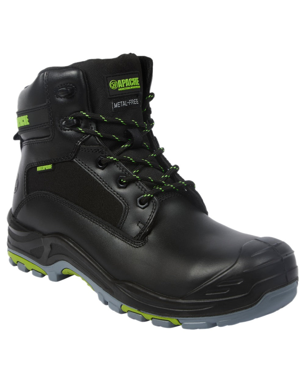 Black Coloured Apache Mens Dakota Metal Free Waterproof Safety Boots on white background 