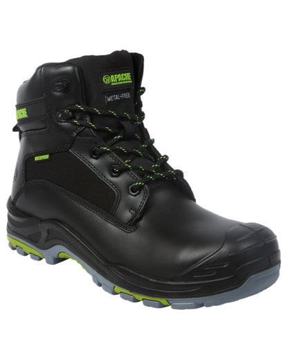 Black Coloured Apache Mens Dakota Metal Free Waterproof Safety Boots on white background 