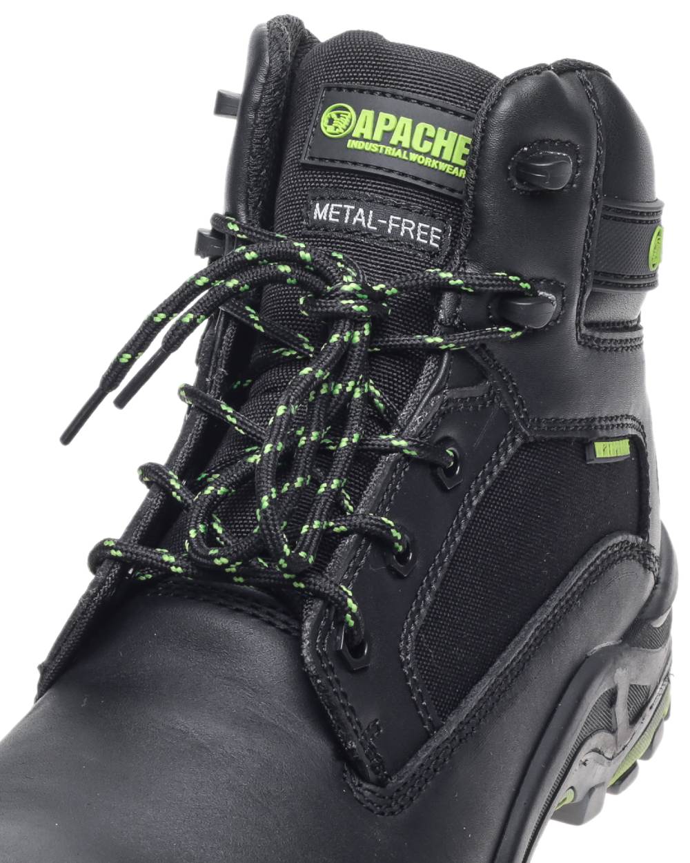 Black Coloured Apache Mens Dakota Metal Free Waterproof Safety Boots on white background 