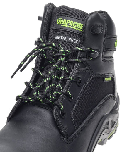Black Coloured Apache Mens Dakota Metal Free Waterproof Safety Boots on white background 