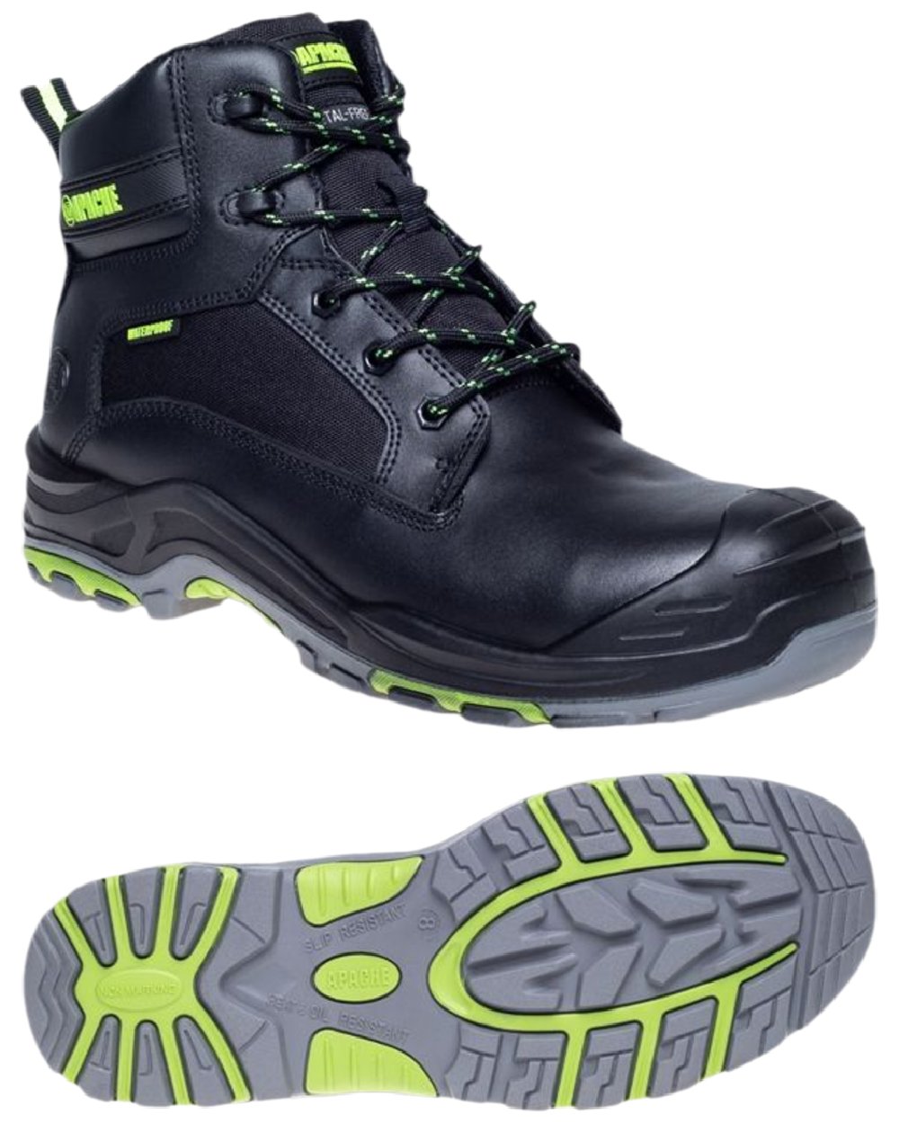 Black Coloured Apache Mens Dakota Metal Free Waterproof Safety Boots on white background 