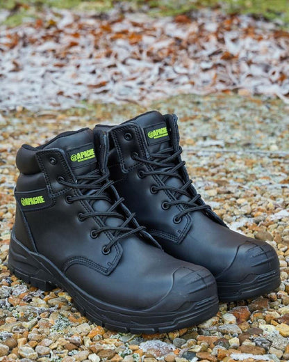 Black Coloured Apache Mens Edmonton Recycled Leather Safety Boots on outdoor background 