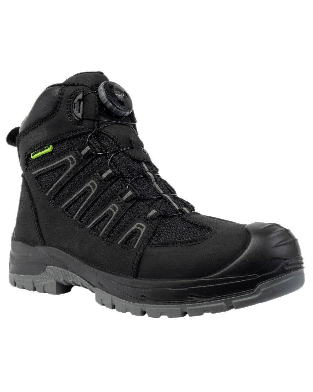 Black Coloured Apache Mens Fort Fitgo GRS Recycled Leather Waterproof Safety Boots ESD on white background 