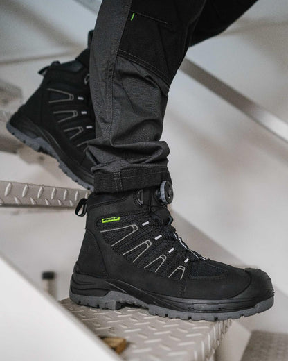 Black Coloured Apache Mens Fort Fitgo GRS Recycled Leather Waterproof Safety Boots ESD on outdoor background 