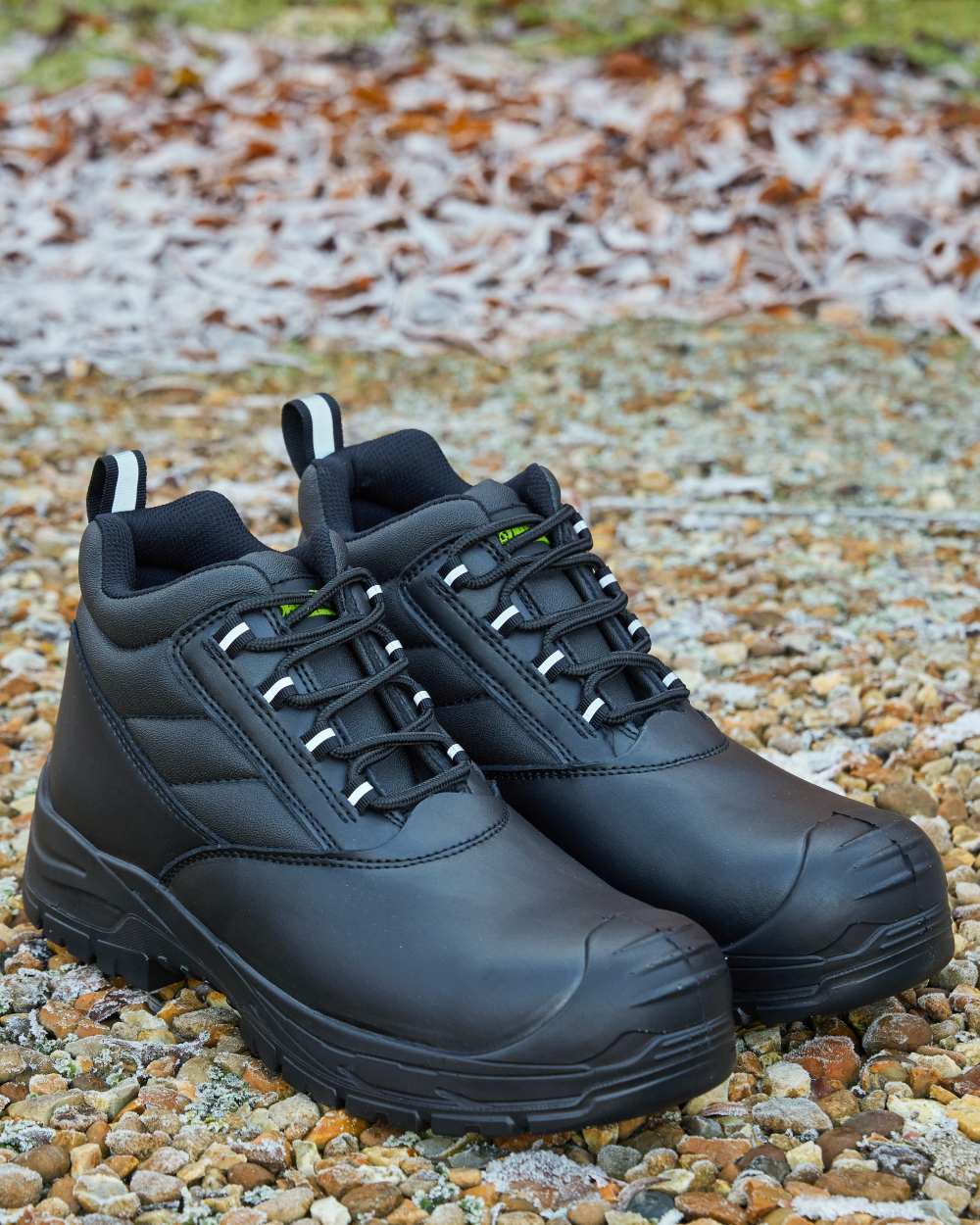 Black Coloured Apache Mens Hamilton Recycled Leather Safety Boots on outdoor background 