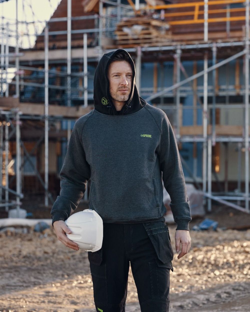 Grey Black Coloured Apache Mens Kingston Hooded Sweatshirt on outdoor background 