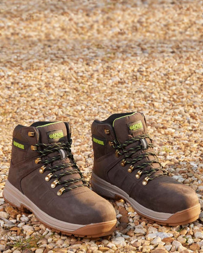 Brown Coloured Apache Mens Moose Jaw Leather Waterproof Safety Boots - XTS Outsole on outdoor background 