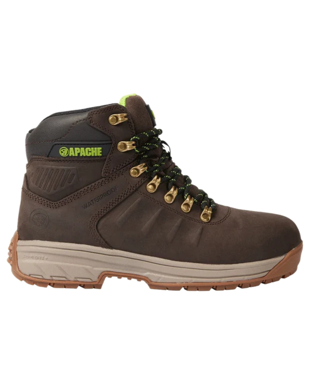 Brown Coloured Apache Mens Moose Jaw Leather Waterproof Safety Boots - XTS Outsole on white background 