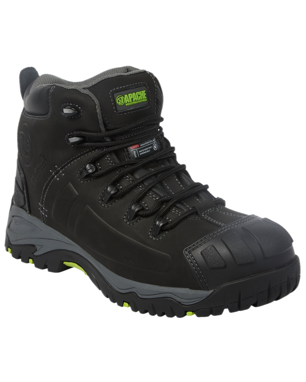 Black Coloured Apache Mens Non-Metallic Waterproof Safety Boots on white background 