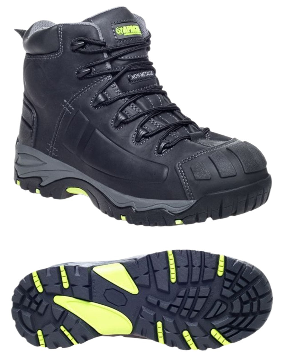 Black Coloured Apache Mens Non-Metallic Waterproof Safety Boots on white background 