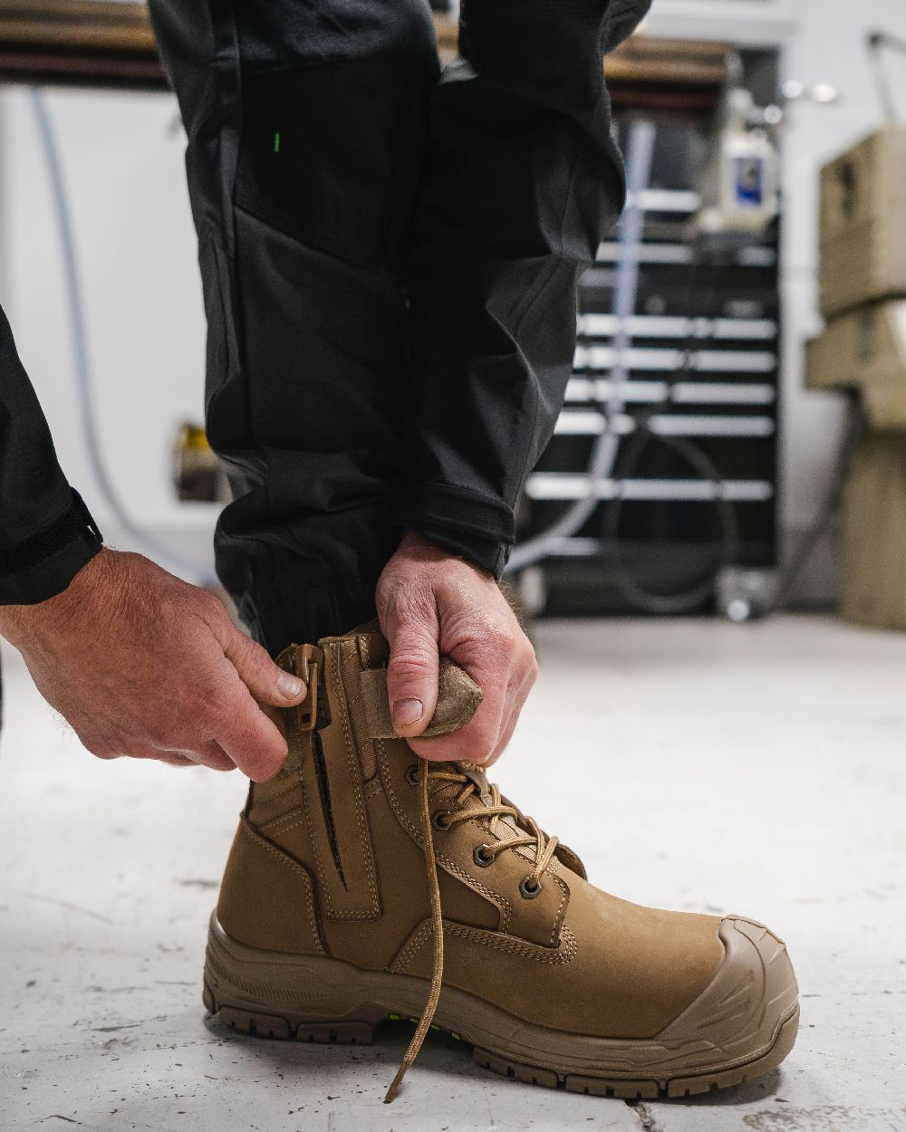 Stone Coloured Apache Mens Outback Water Resistant Side Zip Boots With HI &amp; CI on indoor background 