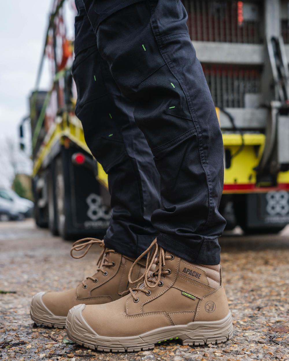 Stone Coloured Apache Mens Outback Water Resistant Side Zip Boots With HI &amp; CI on outdoor background 