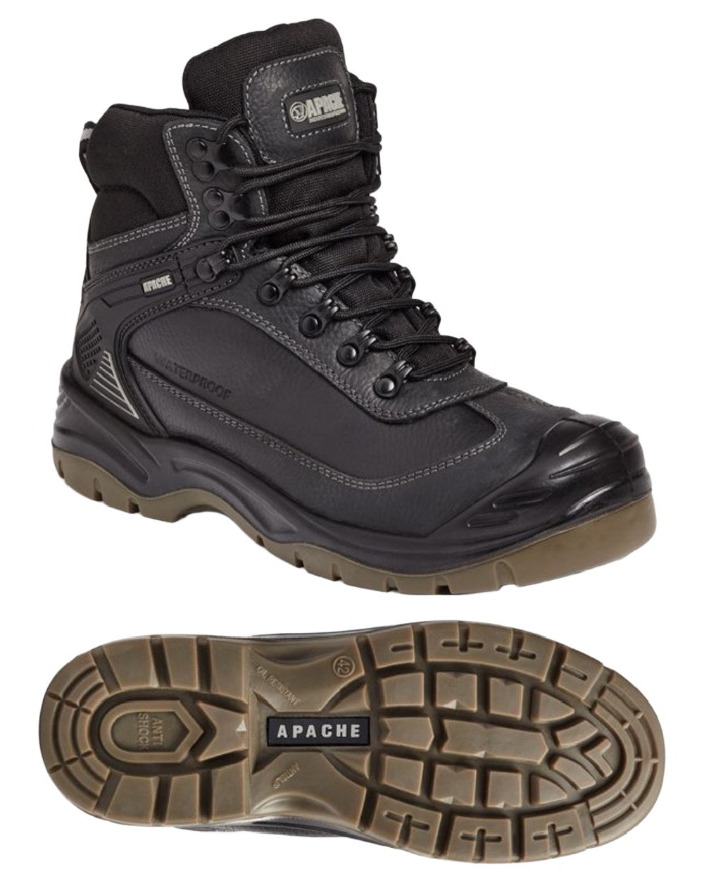 Black Coloured Apache Mens Ranger S3 Waterproof Safety Hikers on white background 