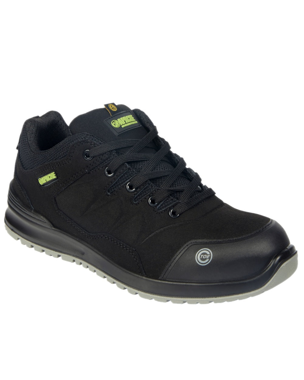 Black Coloured Apache Mens S3 Recycled Suede Safety Trainers on white background 