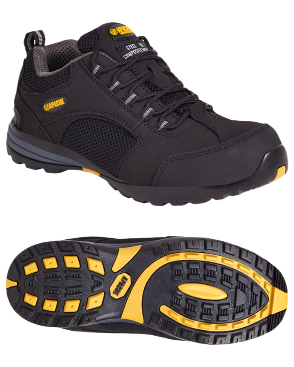 Black Coloured Apache Mens Safety Trainers on white background 