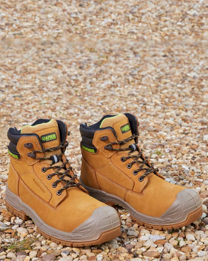 Wheat Coloured Apache Mens Thompson Waterproof Safety Boots on outdoor background 