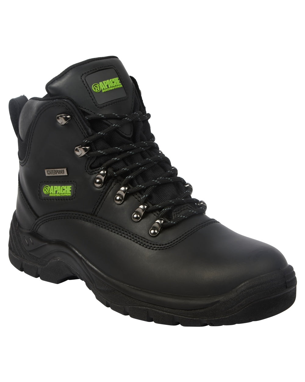Black Coloured Apache Mens Waterproof Safety Hiker Boots on white background 