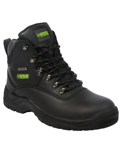 Black Coloured Apache Mens Waterproof Safety Hiker Boots on white background 