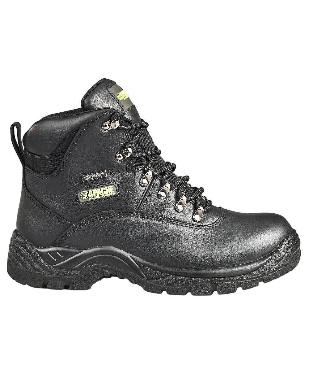 Black Coloured Apache Mens Waterproof Safety Hiker Boots on white background 