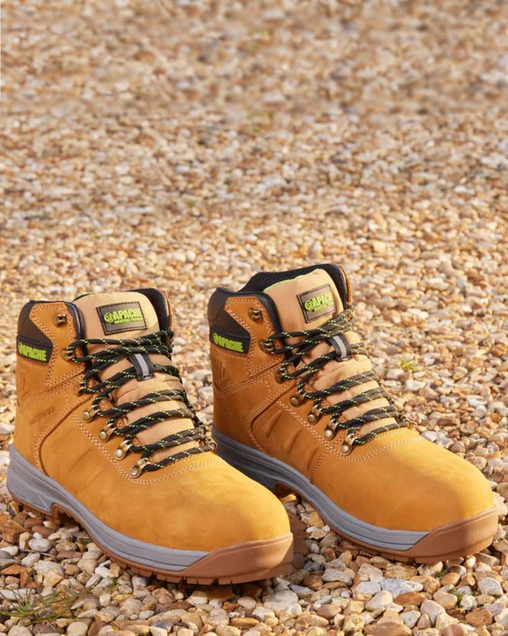 Wheat Coloured Apache Moose Jaw Leather Waterproof Safety Boots on outdoor background 