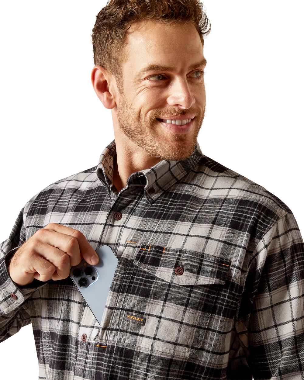 Charcoal Grey coloured Ariat Rebar Flannel Durastretch Work Shirt on white background 