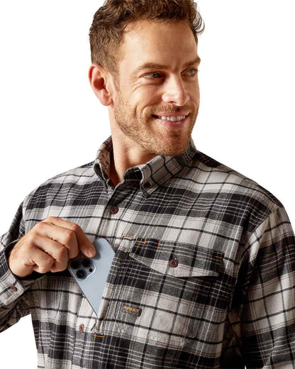 Charcoal Grey coloured Ariat Rebar Flannel Durastretch Work Shirt on white background 