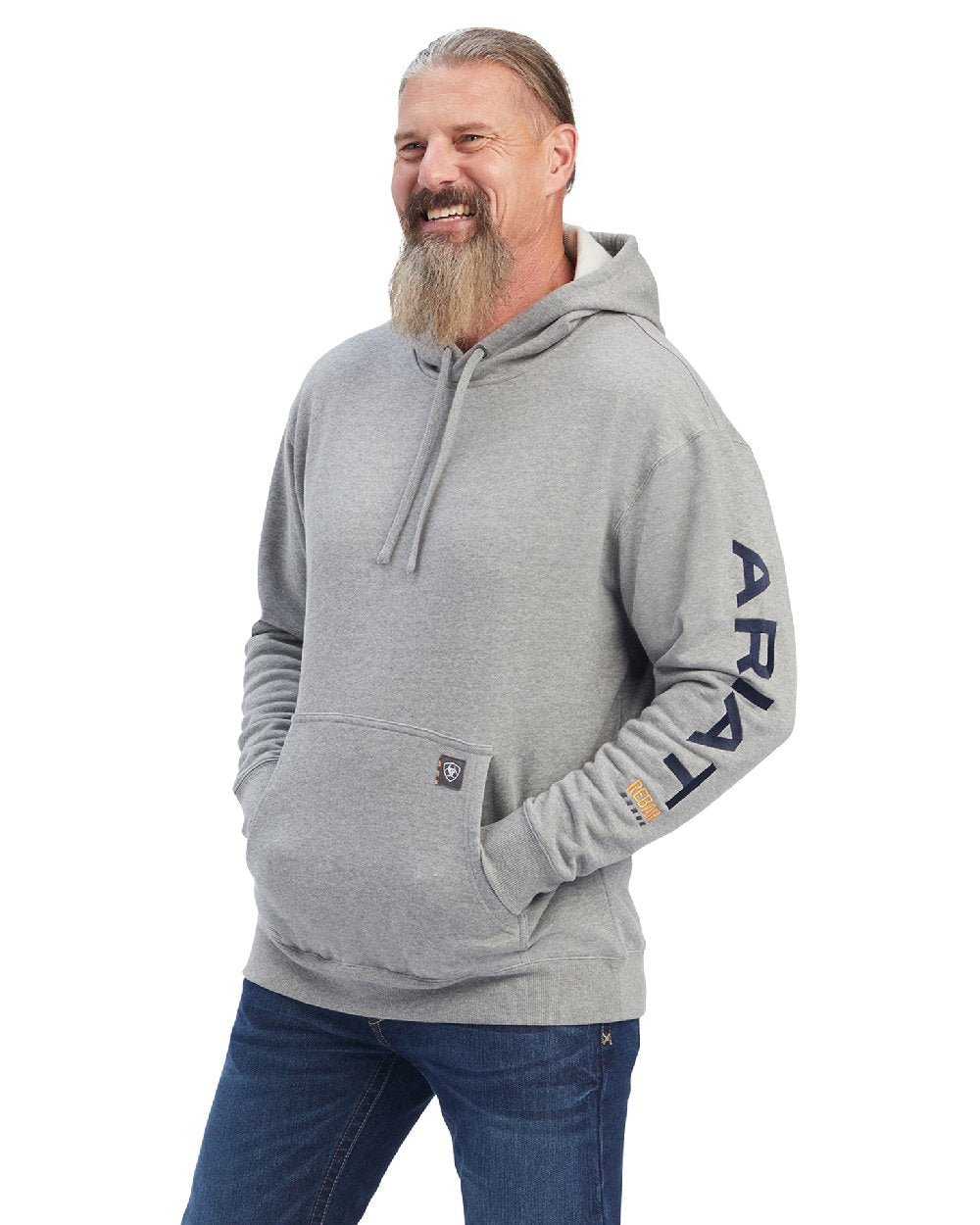 Heather Grey Deep Ultramarine Coloured Ariat Mens Rebar Graphic Hoodie on white background 