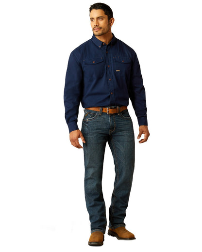 Navy Coloured Ariat Mens Rebar Washed Twill Work Shirt on white background 