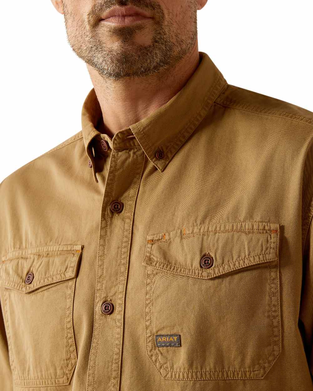 Rebar Khaki Coloured Ariat Mens Rebar Washed Twill Work Shirt on white background 