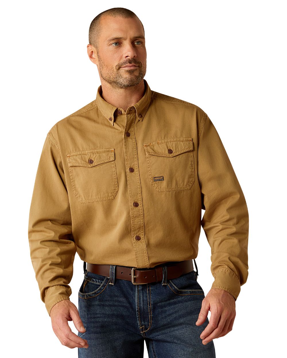 Rebar Khaki Coloured Ariat Mens Rebar Washed Twill Work Shirt on white background 