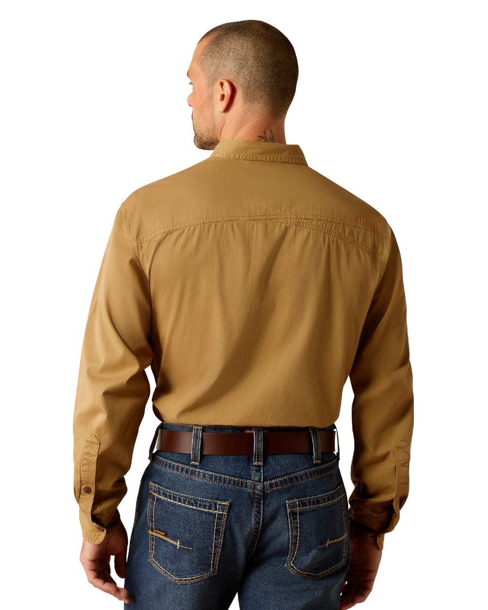 Rebar Khaki Coloured Ariat Mens Rebar Washed Twill Work Shirt on white background 
