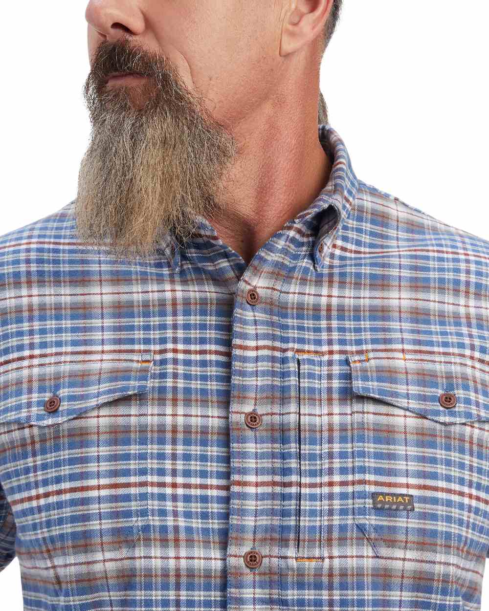 Alloy Grey coloured Ariat Rebar Flannel Durastretch Work Shirt on white background 