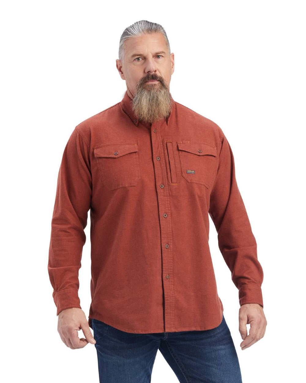 Cherry Mahogany coloured Ariat Rebar Flannel Durastretch Work Shirt on white background 