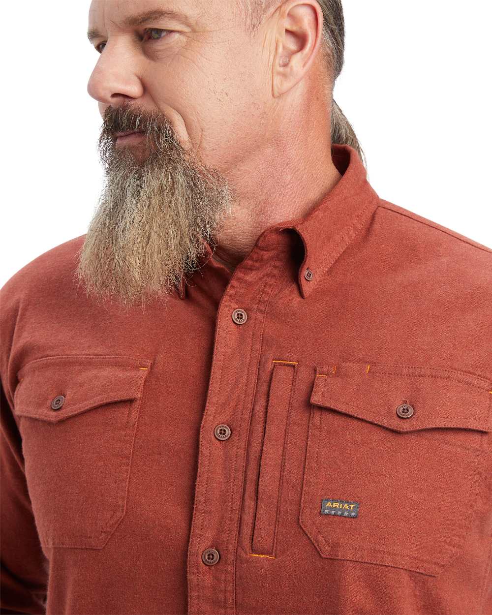 Cherry Mahogany coloured Ariat Rebar Flannel Durastretch Work Shirt on white background 