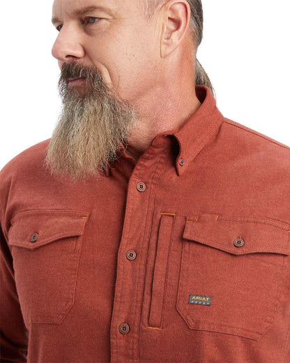 Cherry Mahogany coloured Ariat Rebar Flannel Durastretch Work Shirt on white background 