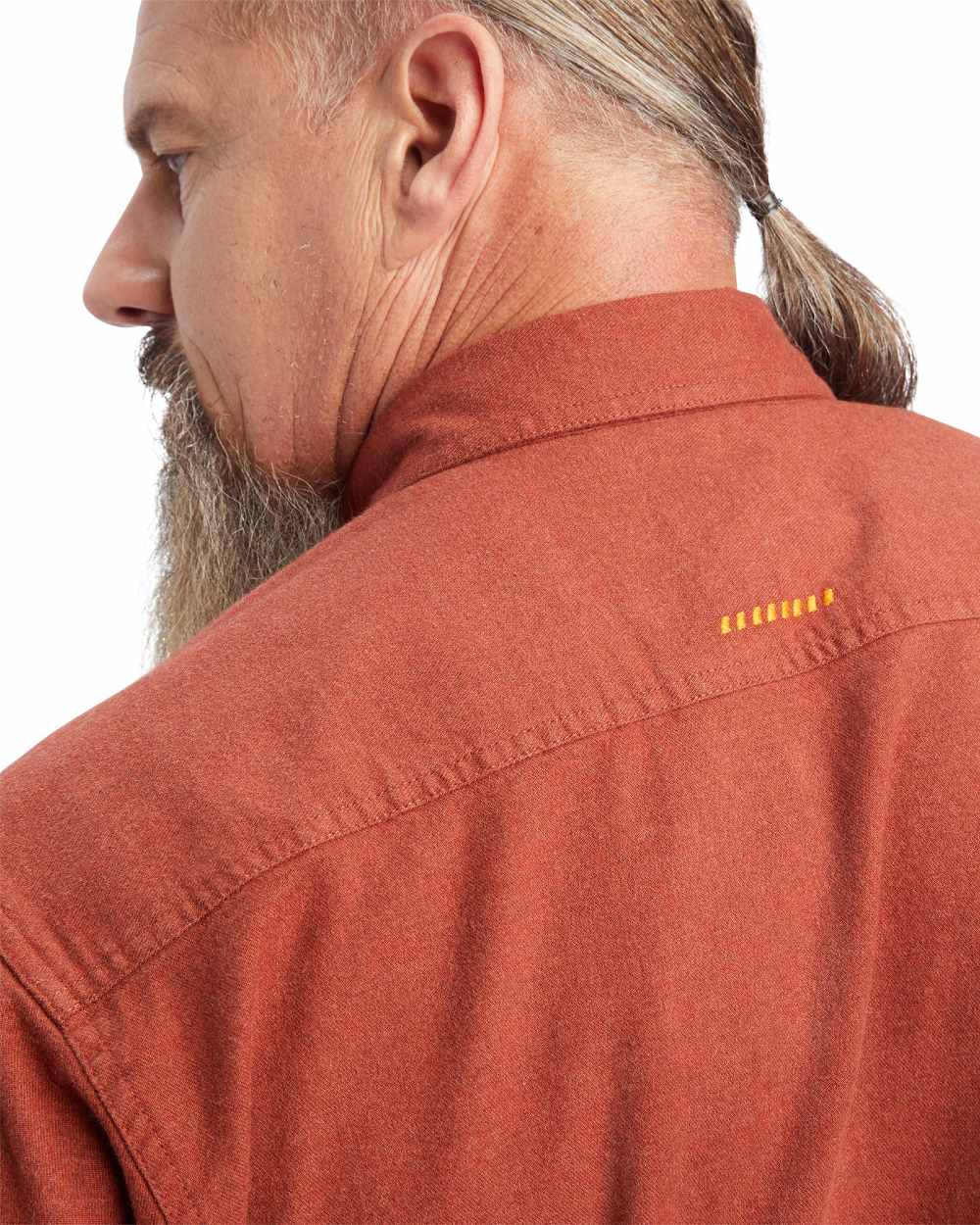 Cherry Mahogany coloured Ariat Rebar Flannel Durastretch Work Shirt on white background 
