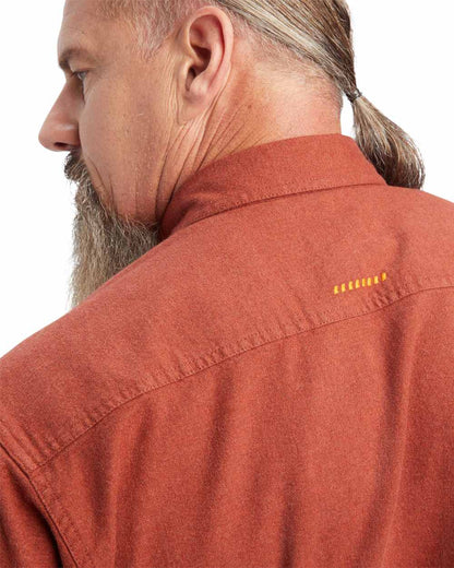 Cherry Mahogany coloured Ariat Rebar Flannel Durastretch Work Shirt on white background 