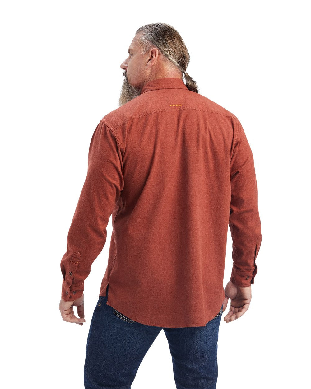 Cherry Mahogany coloured Ariat Rebar Flannel Durastretch Work Shirt on white background 